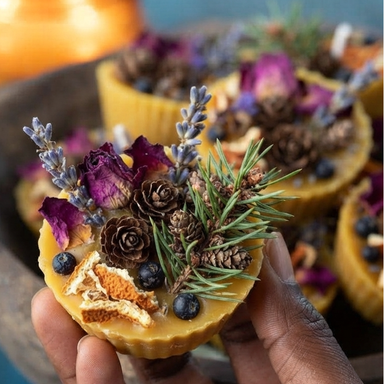 a hand holding a beeswax firelighter cake covered in botanicals like lavender, pine, acorns, dried roses and dried orange pieces.