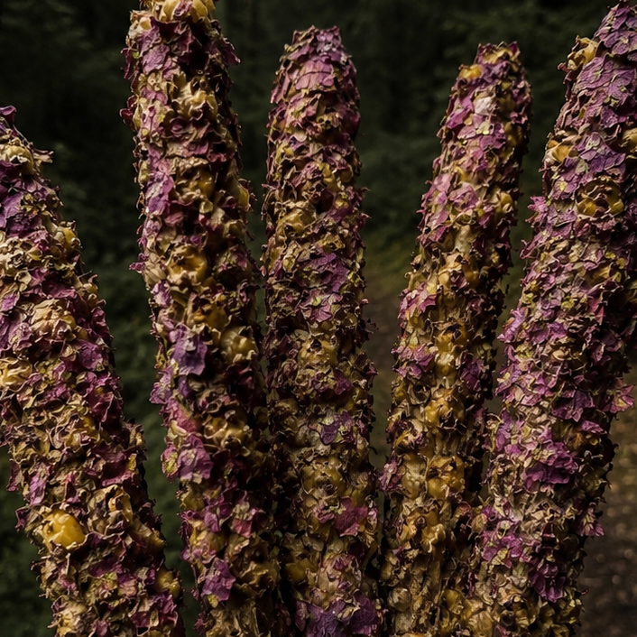 A cluster of dried purple and yellow flower mullein candles/ hag tapers/ witch torch standing upright in a dark forest setting.