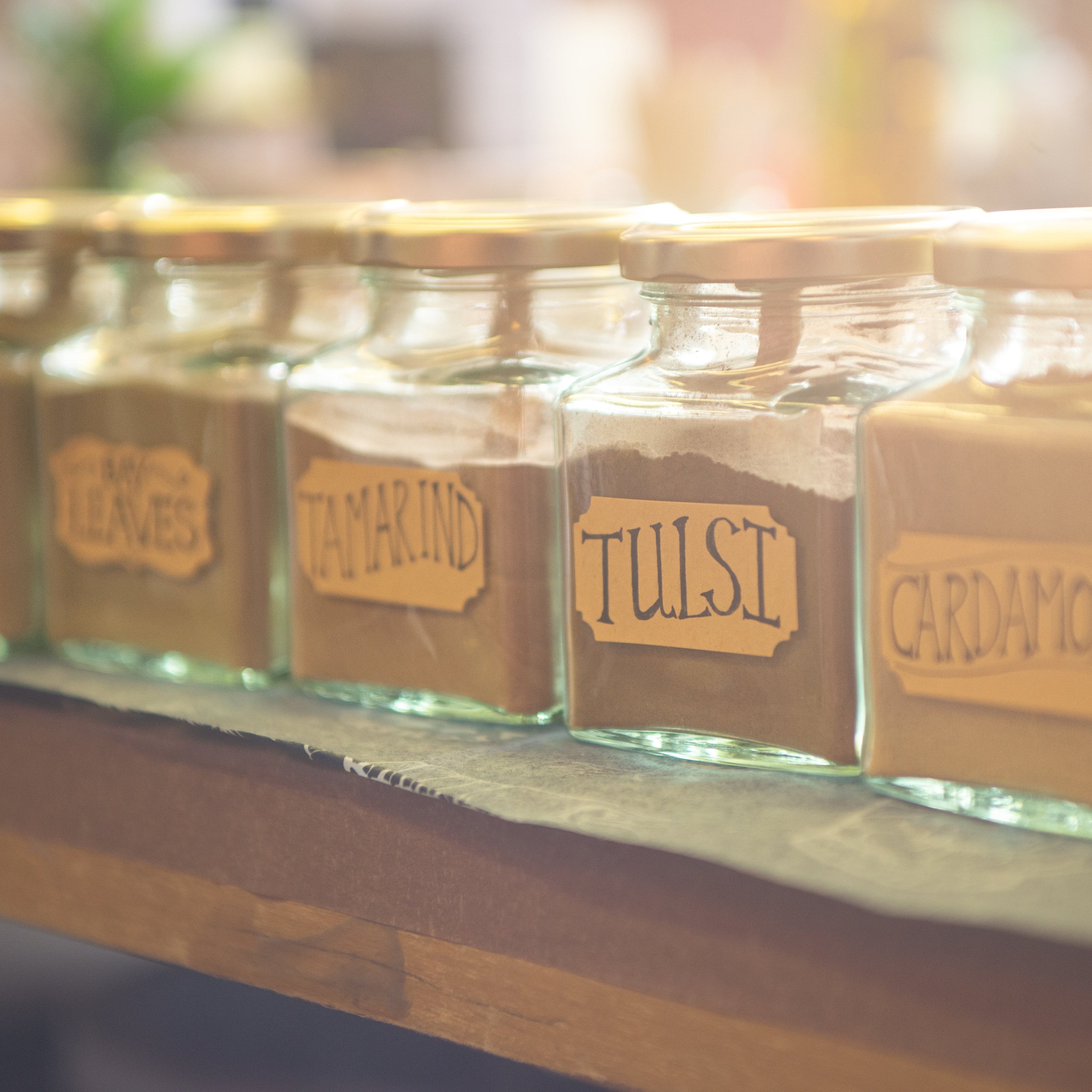 a line of ground herbs and spices to use in an electuary