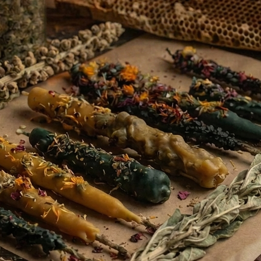 A flat-lay of several colorful beeswax mullein beeswax candles on parchment paper, surrounded by dried herbs, honeycomb, and glass jars containing botanicals, with a warm candle burning in the background.